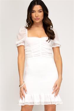 TRUE LOVE CAP SLEEVE RUCHED DRESS WITH SMOCKED SKIRT