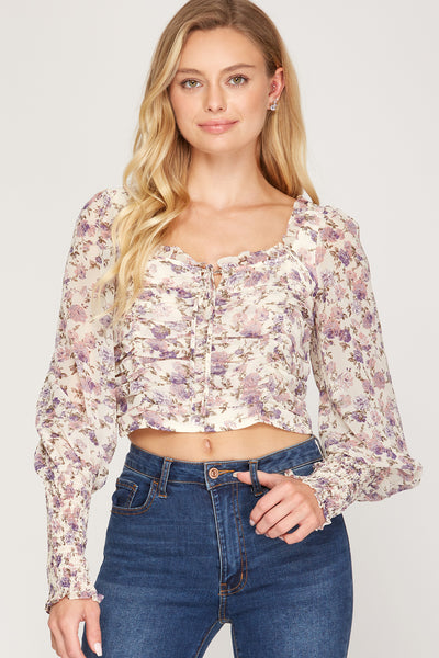 HOPELESS ROMANTIC SMOCKED LONG SLEEVE WOVEN PRINT SHIRRED TOP WITH FRONT TIE DETAIL