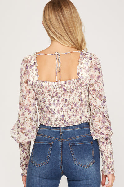 HOPELESS ROMANTIC SMOCKED LONG SLEEVE WOVEN PRINT SHIRRED TOP WITH FRONT TIE DETAIL