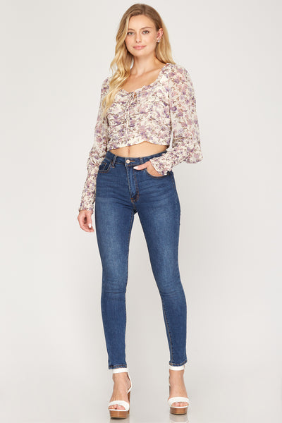 HOPELESS ROMANTIC SMOCKED LONG SLEEVE WOVEN PRINT SHIRRED TOP WITH FRONT TIE DETAIL