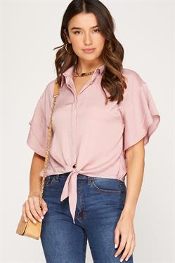 SWEET GIRL LIGHT PINK FLUTTER SLEEVE WOVEN SHIRT WITH FRONT TIE DETAIL