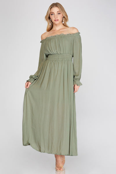 TRUE LOVE SATIN WOVEN OFF THE SHOULDER MAXI DRESS