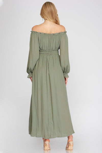 TRUE LOVE SATIN WOVEN OFF THE SHOULDER MAXI DRESS