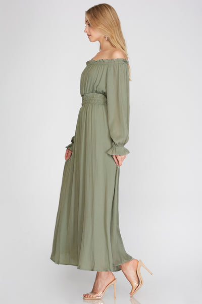 TRUE LOVE SATIN WOVEN OFF THE SHOULDER MAXI DRESS