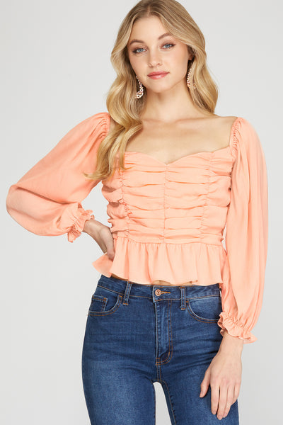 YUMMY PEACH CHIFFON LONG SLEEVE RUCHED TOP