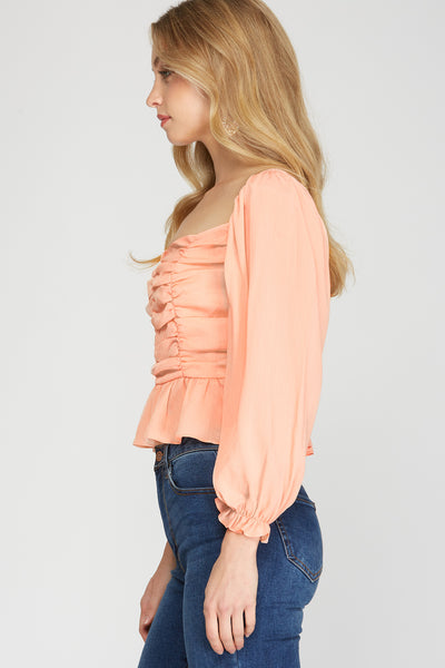 YUMMY PEACH CHIFFON LONG SLEEVE RUCHED TOP