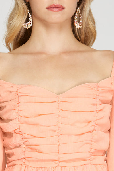 YUMMY PEACH CHIFFON LONG SLEEVE RUCHED TOP