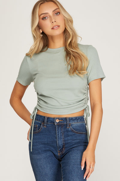 TIES THAT BIND SHORT SLEEVE DRAWSTRING SIDE CROP RIB KNIT TOP