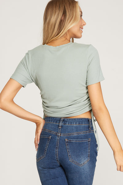 TIES THAT BIND SHORT SLEEVE DRAWSTRING SIDE CROP RIB KNIT TOP