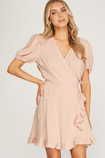 MY MOMENT SHORT SLEEVE LINEN WRAP DRESS WITH RUFFLED HEM DETAIL