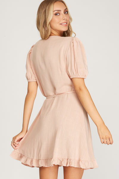 MY MOMENT SHORT SLEEVE LINEN WRAP DRESS WITH RUFFLED HEM DETAIL