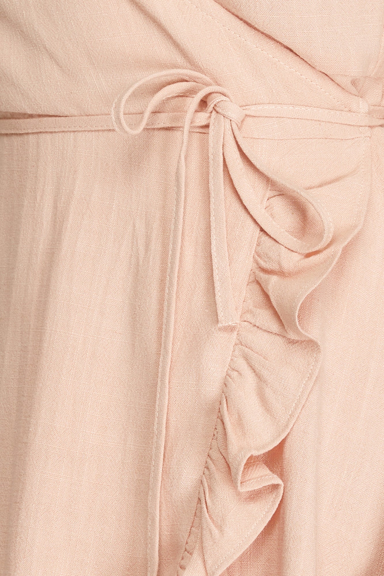 MY MOMENT SHORT SLEEVE LINEN WRAP DRESS WITH RUFFLED HEM DETAIL