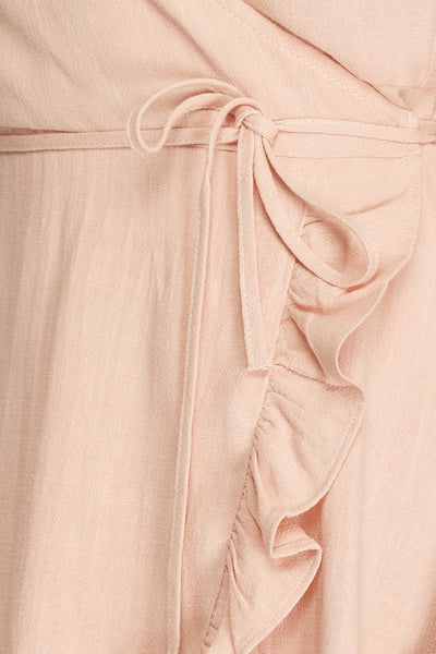 MY MOMENT SHORT SLEEVE LINEN WRAP DRESS WITH RUFFLED HEM DETAIL