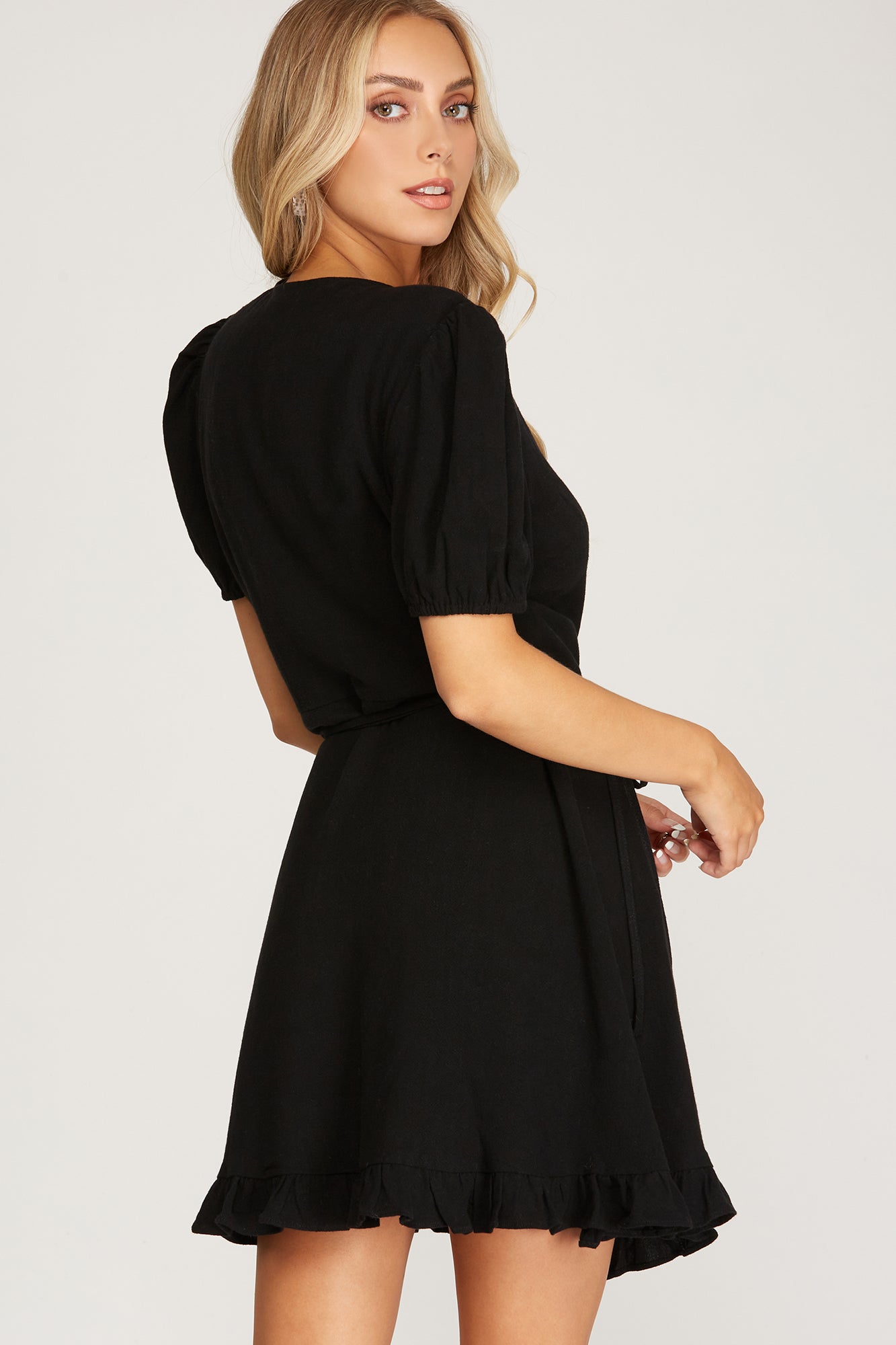 MY MOMENT SHORT SLEEVE LINEN WRAP DRESS WITH RUFFLED HEM DETAIL