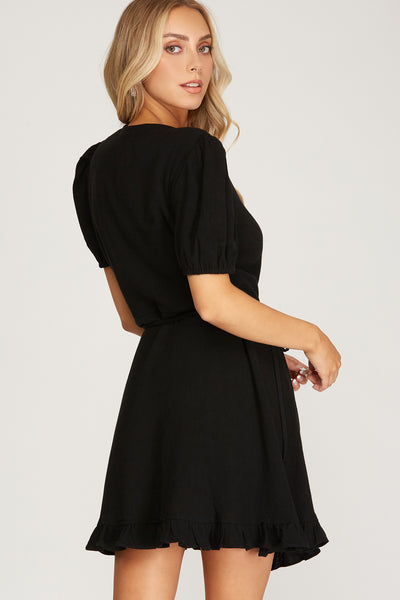 MY MOMENT SHORT SLEEVE LINEN WRAP DRESS WITH RUFFLED HEM DETAIL