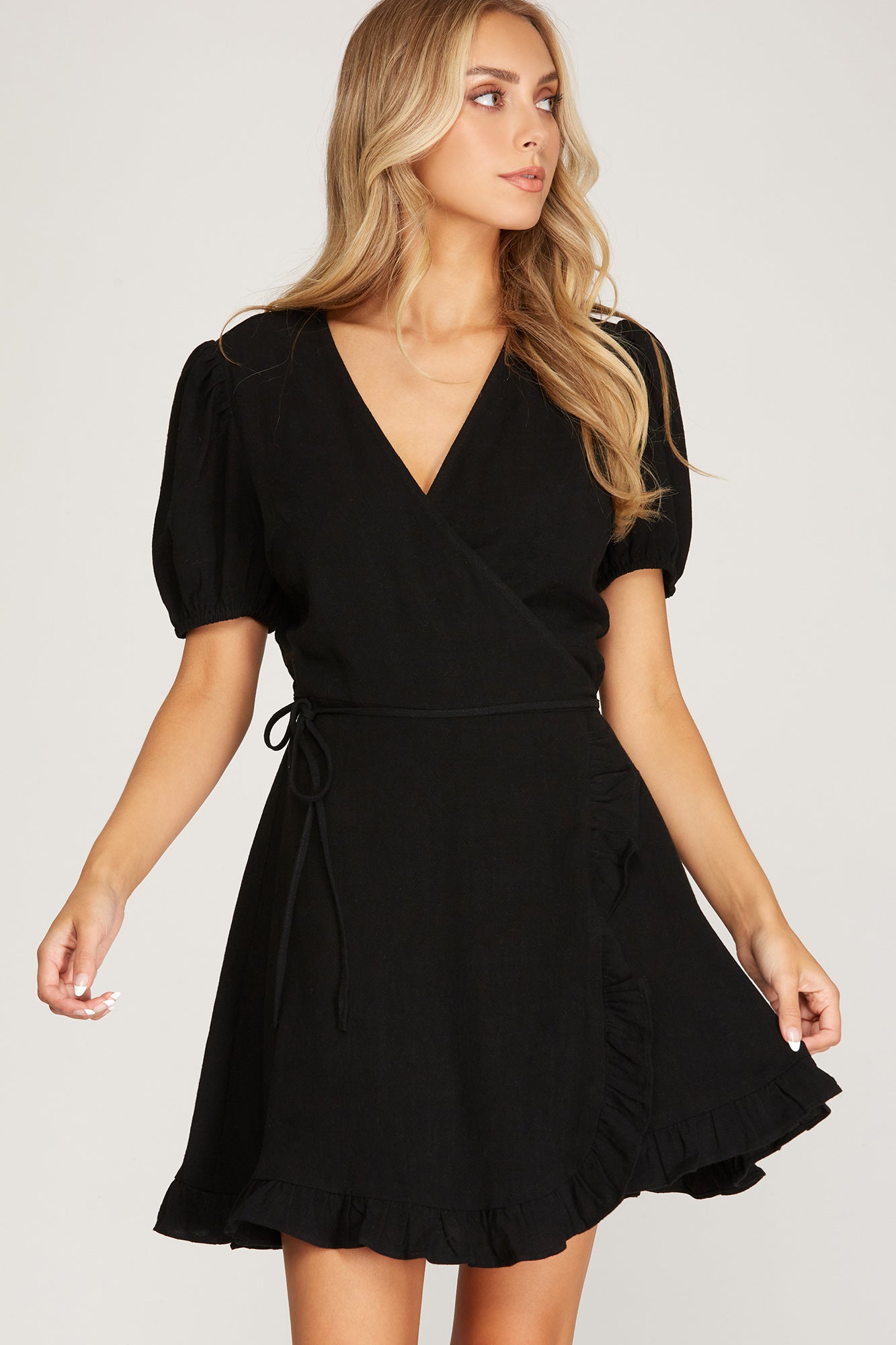 MY MOMENT SHORT SLEEVE LINEN WRAP DRESS WITH RUFFLED HEM DETAIL