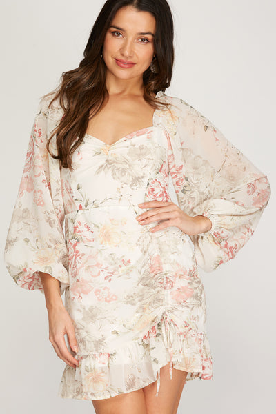 STEAL THE MOMENT LONG SLEEVE FLORAL RUCHED DRESS WITH SIDE ZIPPER