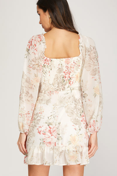 STEAL THE MOMENT LONG SLEEVE FLORAL RUCHED DRESS WITH SIDE ZIPPER