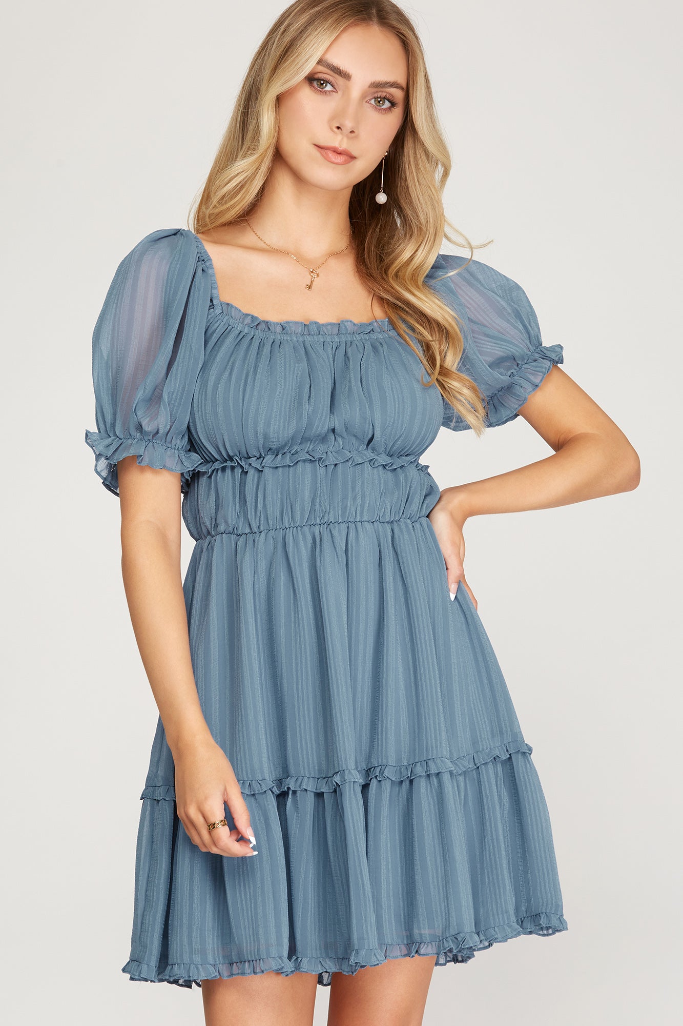 MID SUMMER NIGHTS SHORT PUFF SLEEVE ELASTIC WAISTBAND RUFFLED MINI DRESS
