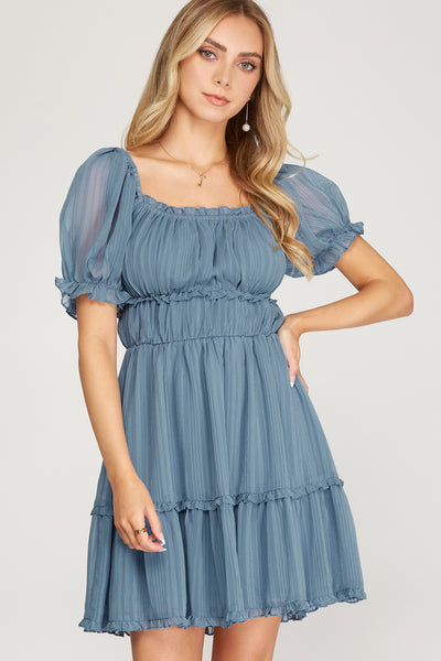 MID SUMMER NIGHTS SHORT PUFF SLEEVE ELASTIC WAISTBAND RUFFLED MINI DRESS