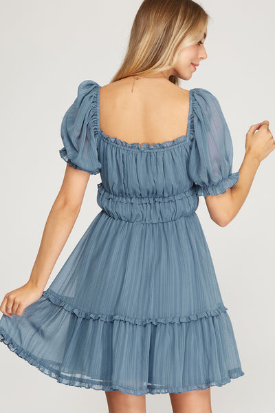 MID SUMMER NIGHTS SHORT PUFF SLEEVE ELASTIC WAISTBAND RUFFLED MINI DRESS
