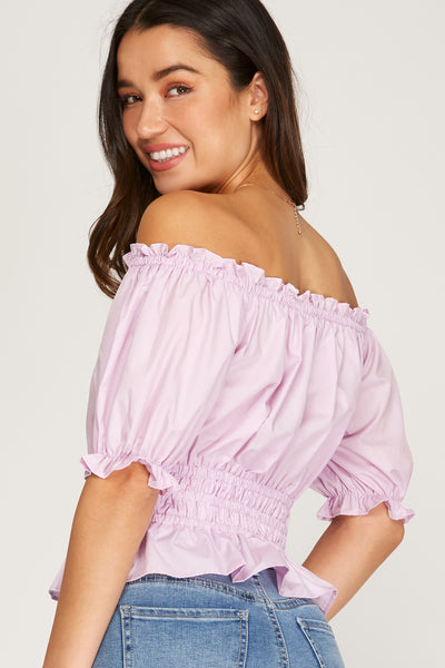 FLIRTY HALF SLEEVE RUCHED WAIST PEPLUM WOVEN TOP