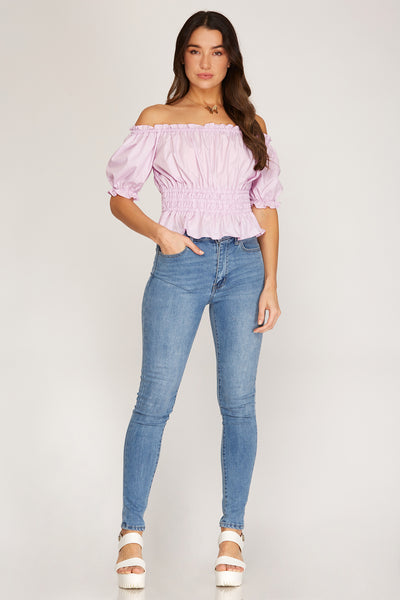 FLIRTY HALF SLEEVE RUCHED WAIST PEPLUM WOVEN TOP