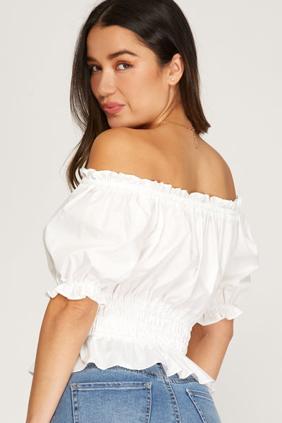 FLIRTY HALF SLEEVE RUCHED WAIST PEPLUM WOVEN TOP