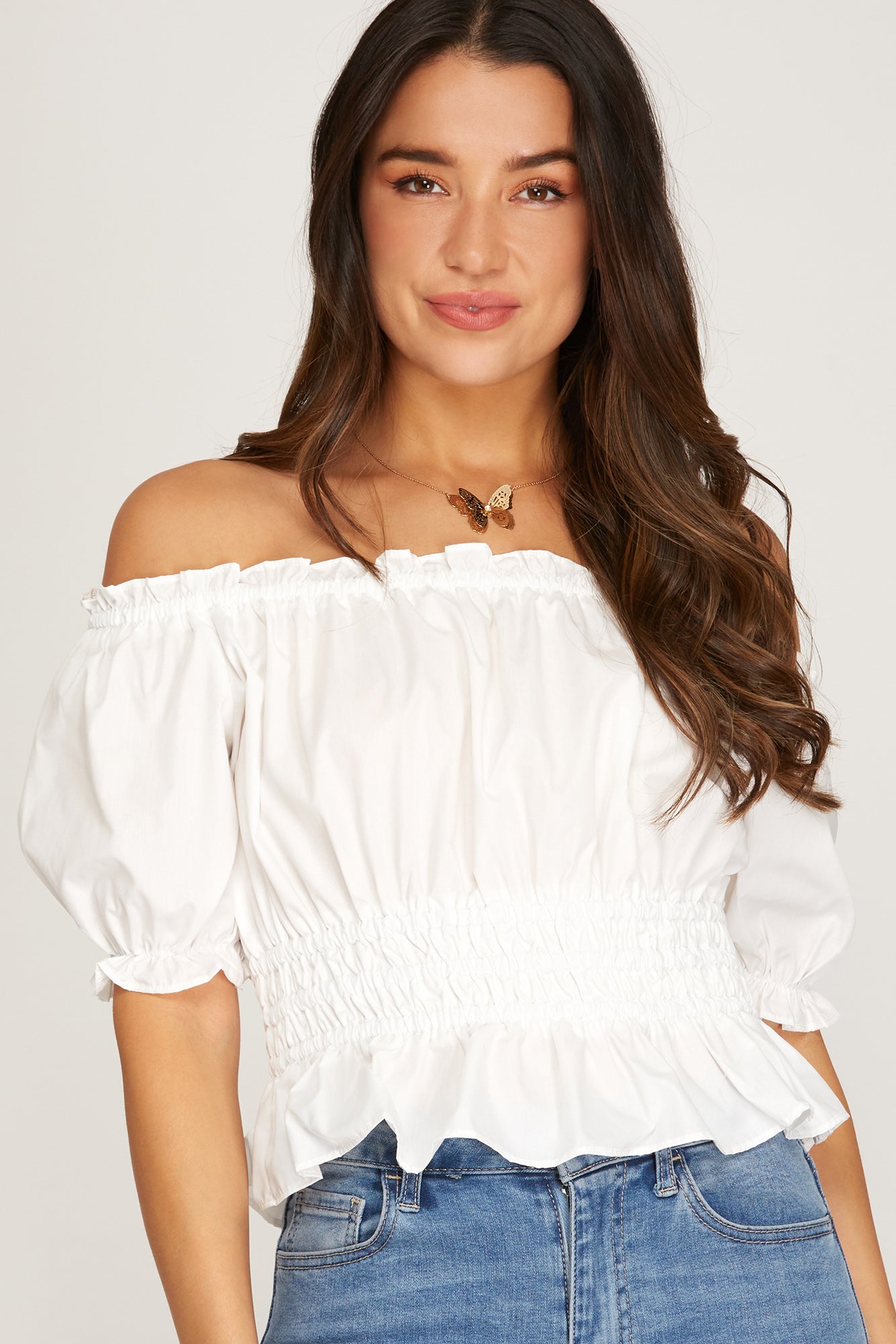 FLIRTY HALF SLEEVE RUCHED WAIST PEPLUM WOVEN TOP