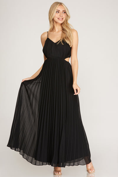 SLEEVELESS WOVEN PLEATED CUT OUT MAXI DRESS