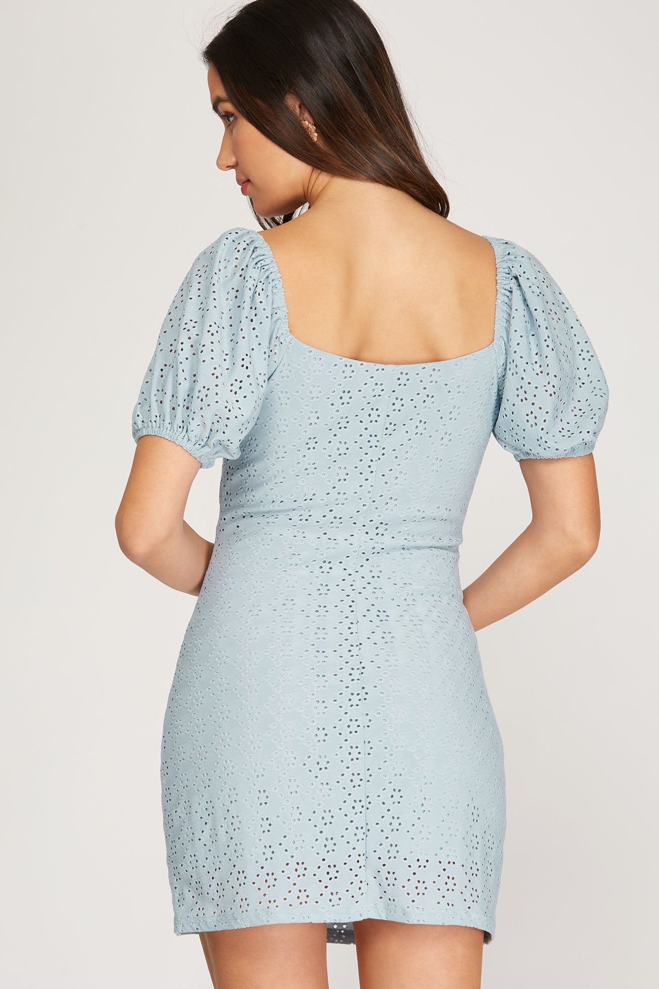 TAKE ME TO MEET YOUR MOM SHORT PUFF SLEEVE EYELET KNIT DRESS