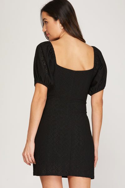 TAKE ME TO MEET YOUR MOM SHORT PUFF SLEEVE EYELET KNIT DRESS