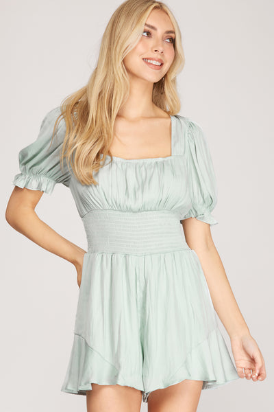 HERE TO STAY SHORT SLEEVE ROMPER WITH SMOCKED WAIST