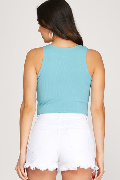 HALTER STRETCH RIB KNIT BODYSUIT WITH SNAP CLOSURE
